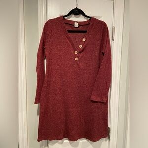 Hemish USA Size M Burgundy Ribbed Knit Long Sleeve Henley Mini Dress Wood Button